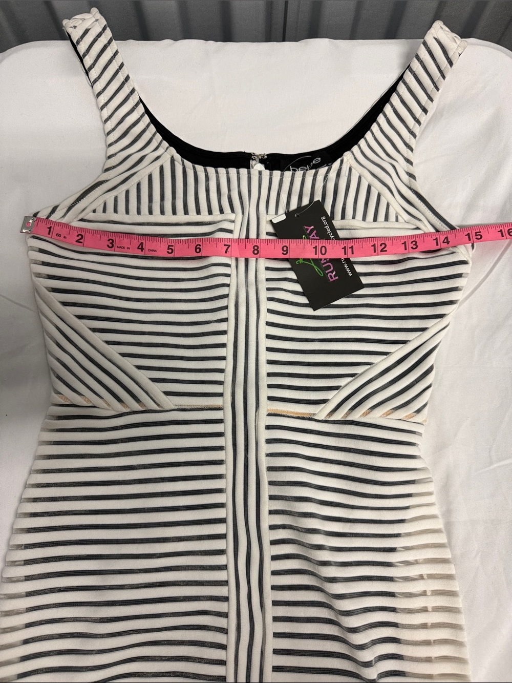 bebe Black White Striped Bodycon Midi Dress | Illusion Panel | Small - Picture 9 of 15